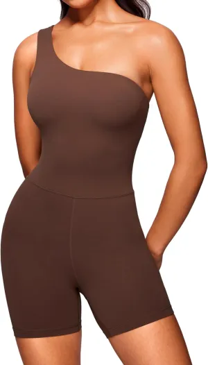 CRZ YOGA Butterluxe One Shoulder Athletic Rompers for Women Removable Padded Shorts Jumpsuit One Piece Stretchy Bodysuit