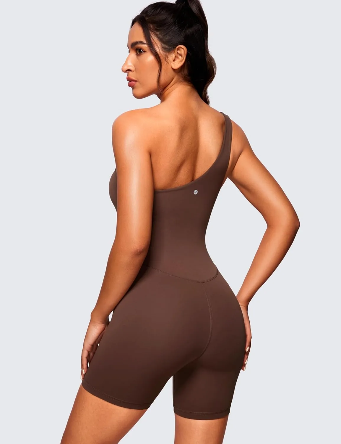 CRZ YOGA Butterluxe One Shoulder Athletic Rompers for Women Removable Padded Shorts Jumpsuit One Piece Stretchy Bodysuit