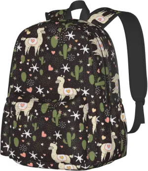 Cute Cactus Llama Laptop Commuter Backpack Shoulder Bag Casual Back Pack Daypack Bags With Side Pockets For Work Travel Daily Use