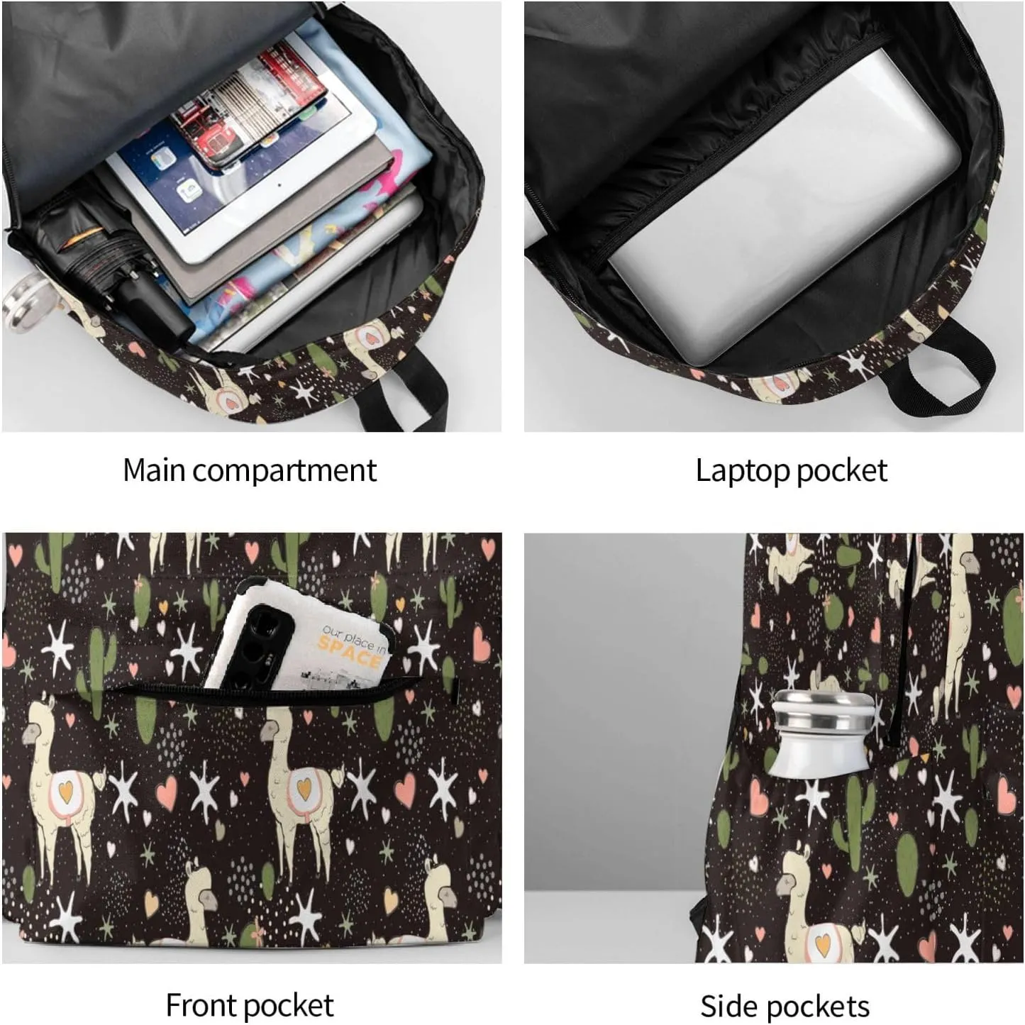 Cute Cactus Llama Laptop Commuter Backpack Shoulder Bag Casual Back Pack Daypack Bags With Side Pockets For Work Travel Daily Use