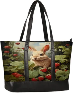 Cute Rabbit Strawberry Laptop Tote Bag for Women Lightweight Work Purse with Multiple Compartments Fits 13-15.6 Inch Laptop Tablet Shoulder Bag for Office Travel Daily Use