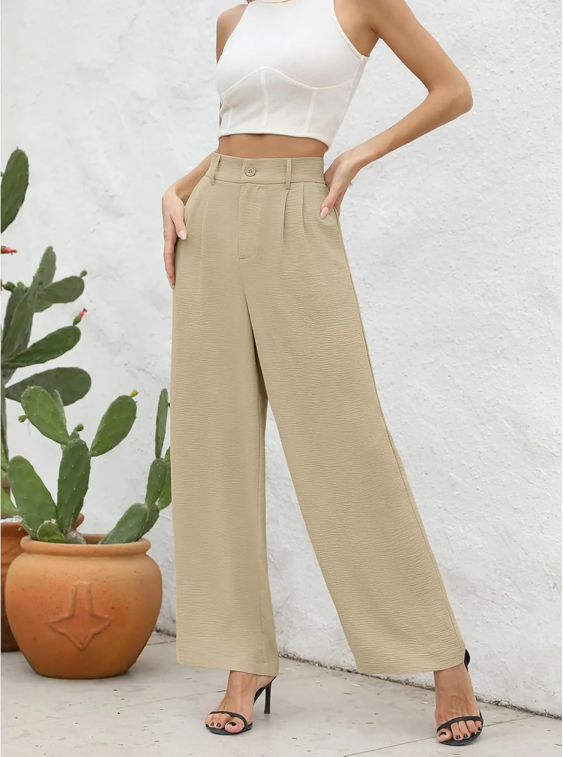 CZYINXIAN Women's Casual High Waisted Wide Leg Pants Flowy Business Work Casual Pants with Pockets