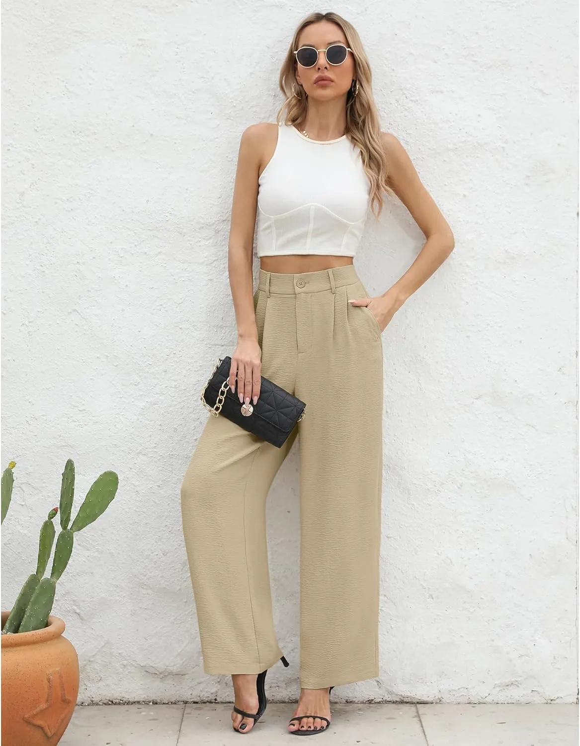 CZYINXIAN Women's Casual High Waisted Wide Leg Pants Flowy Business Work Casual Pants with Pockets