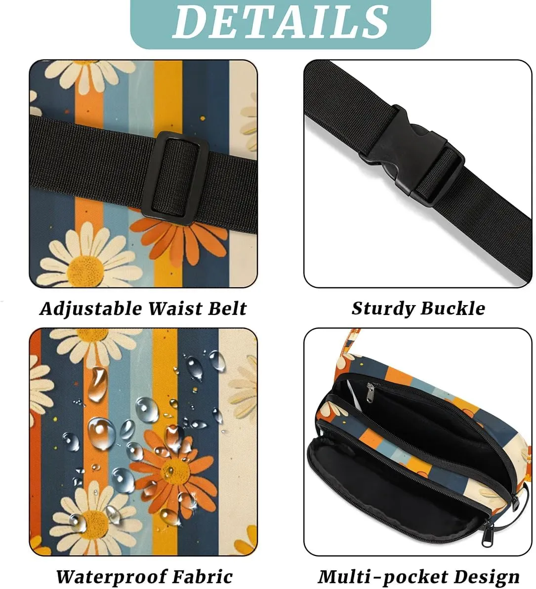 Daisy Stripe Crossbody Bags for Women Trendy Waterproof Fanny Pack with Adjustable Strap Fanny Pack for Travel Shopping Running and Daily Use