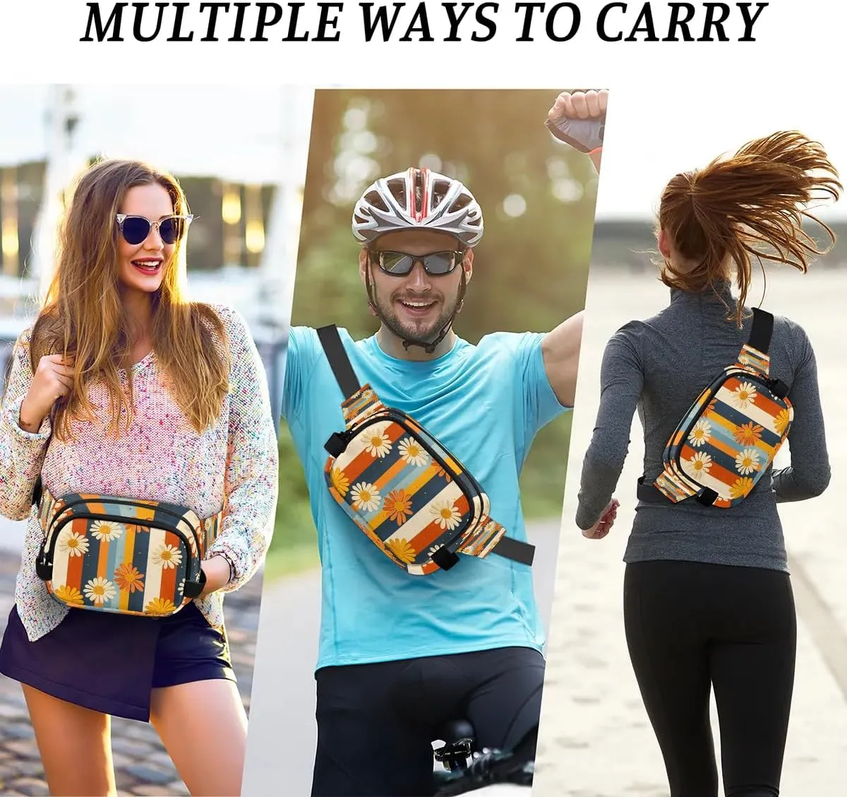 Daisy Stripe Crossbody Bags for Women Trendy Waterproof Fanny Pack with Adjustable Strap Fanny Pack for Travel Shopping Running and Daily Use