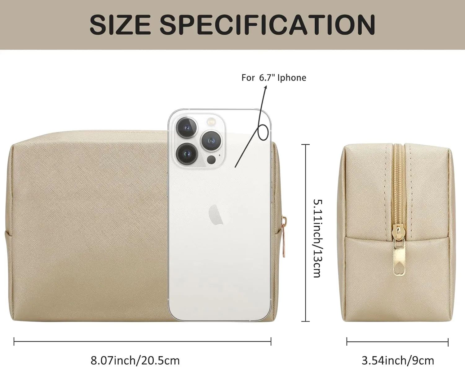 DOB SECHS PU Leather Cosmetic Bag Portable Toiletry Bag for Daily Use Cosmetic Organizer Water-resistant Make up Organizer Light Weight Travel Makeup Bag Cosmetic Pouch (Golden, L)