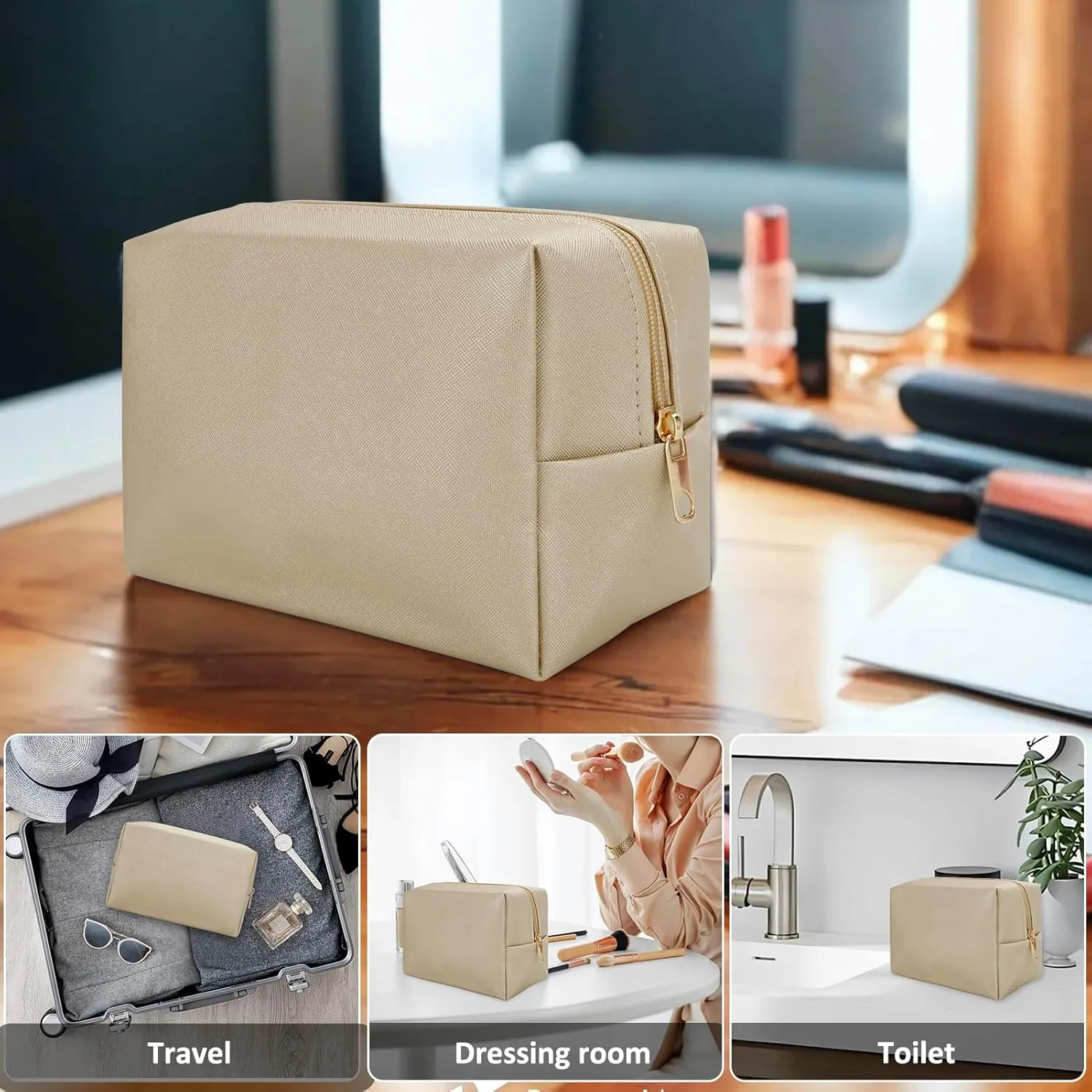 DOB SECHS PU Leather Cosmetic Bag Portable Toiletry Bag for Daily Use Cosmetic Organizer Water-resistant Make up Organizer Light Weight Travel Makeup Bag Cosmetic Pouch (Golden, L)