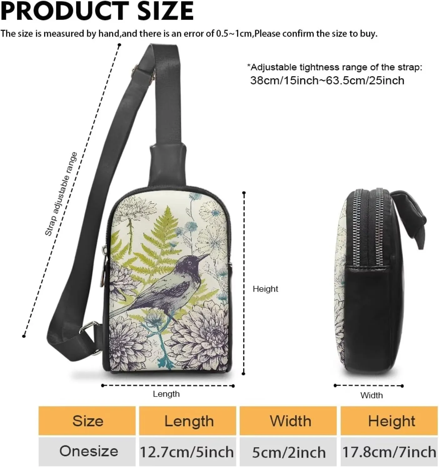 Drawing Bird Flowers Crossbody Bag for Women Small Sling Bag, Sketch Flower Botanical PU Leather Chest Bag Fanny Packs for Travel, Daily Use, Cycling