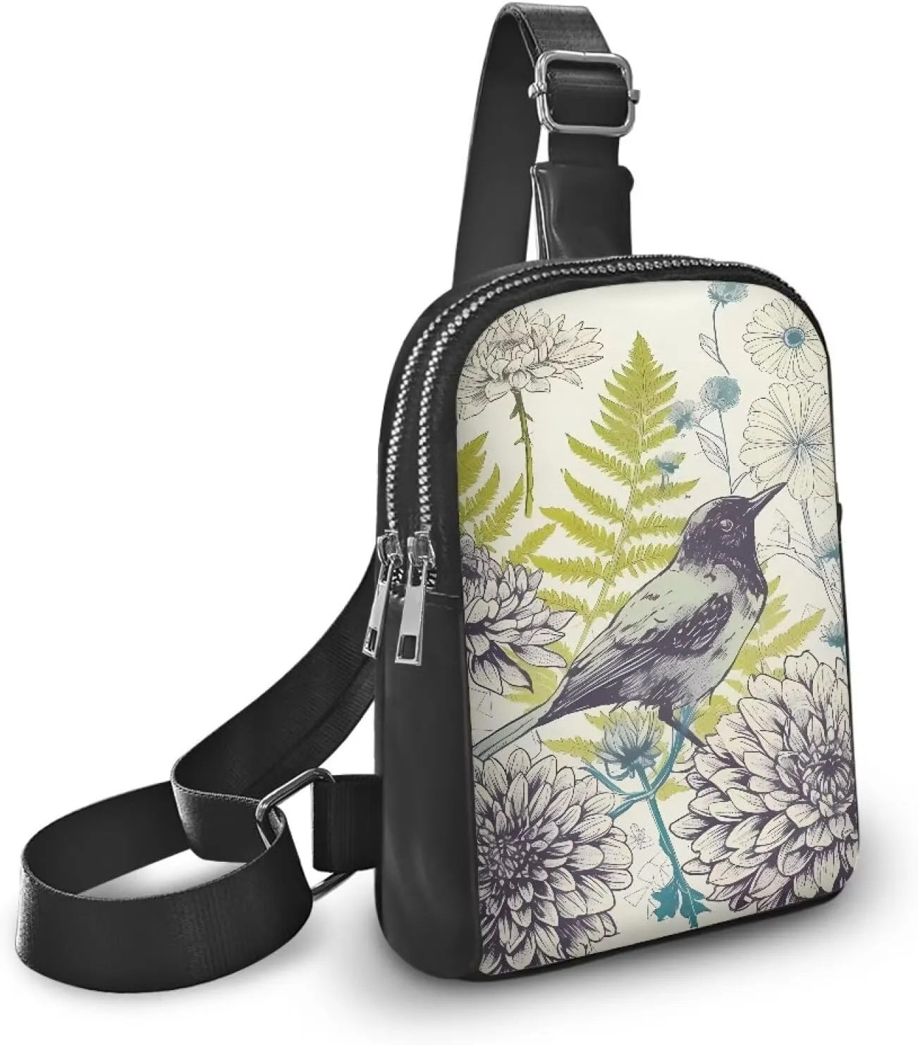 Drawing Bird Flowers Crossbody Bag for Women Small Sling Bag, Sketch Flower Botanical PU Leather Chest Bag Fanny Packs for Travel, Daily Use, Cycling