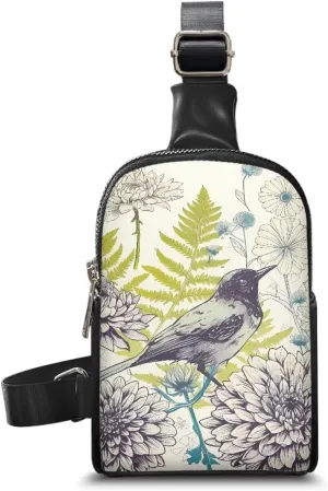Drawing Bird Flowers Crossbody Bag for Women Small Sling Bag, Sketch Flower Botanical PU Leather Chest Bag Fanny Packs for Travel, Daily Use, Cycling
