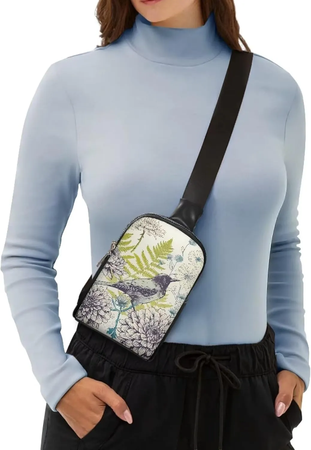 Drawing Bird Flowers Crossbody Bag for Women Small Sling Bag, Sketch Flower Botanical PU Leather Chest Bag Fanny Packs for Travel, Daily Use, Cycling