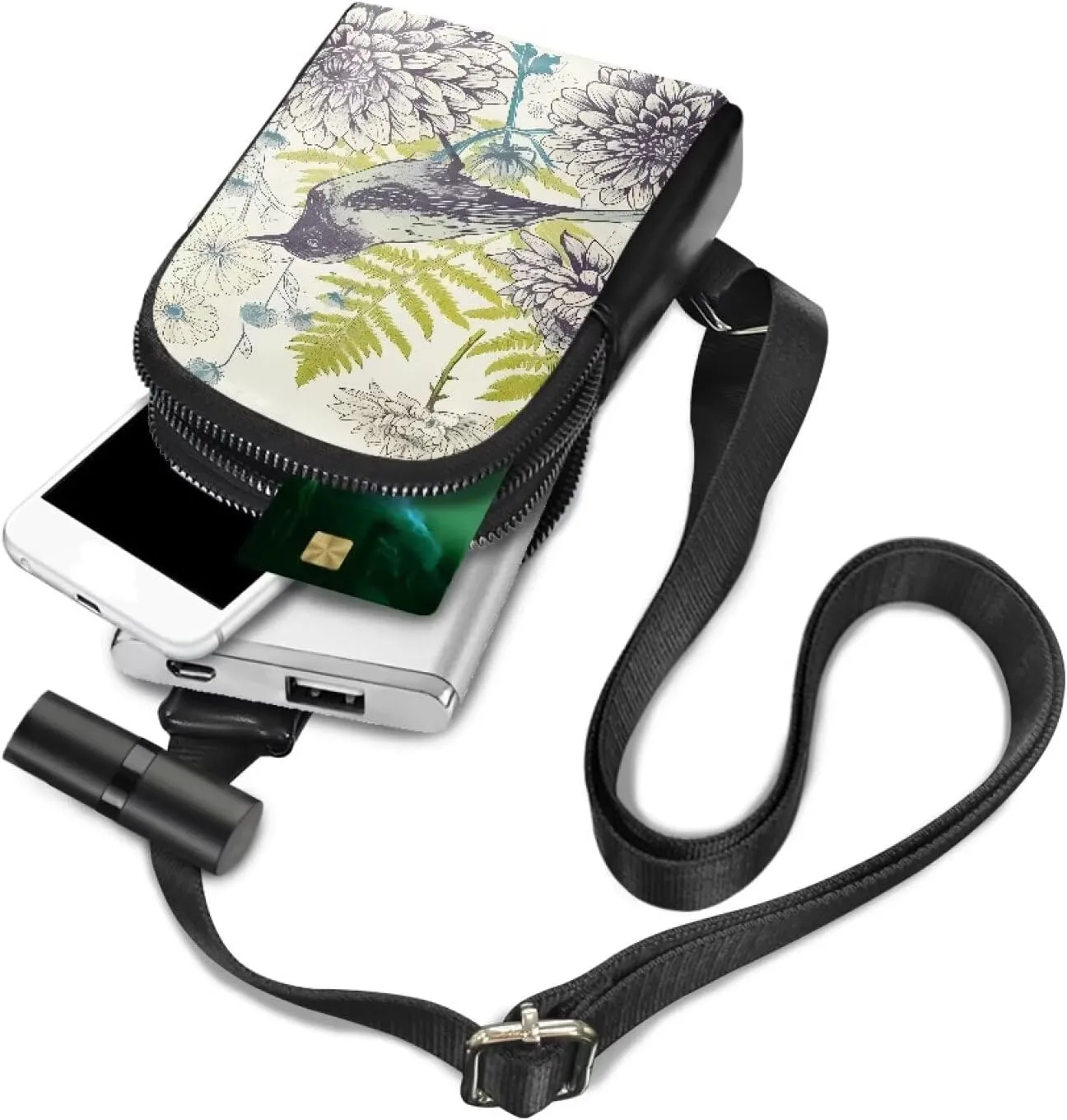 Drawing Bird Flowers Crossbody Bag for Women Small Sling Bag, Sketch Flower Botanical PU Leather Chest Bag Fanny Packs for Travel, Daily Use, Cycling