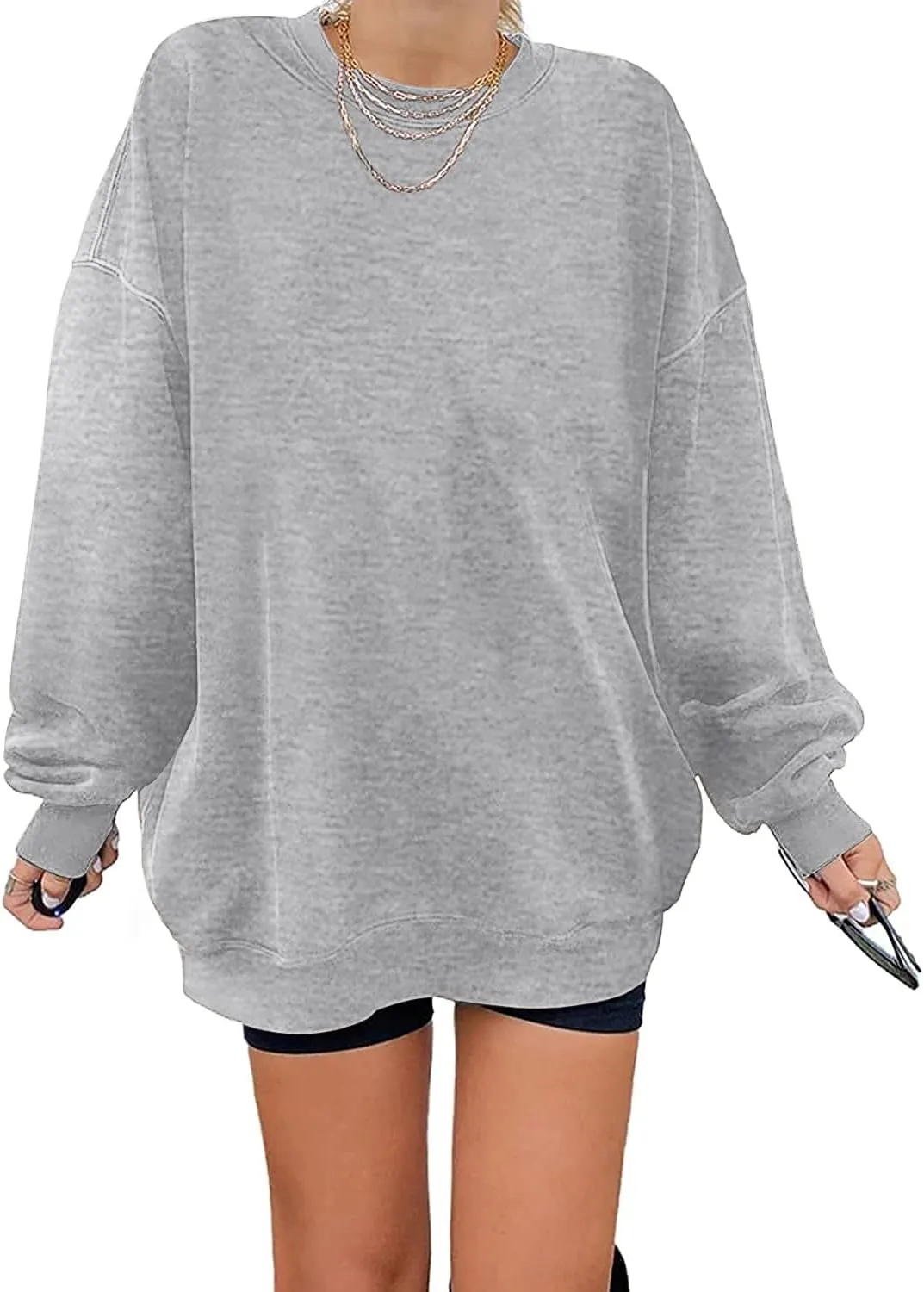 Ebifin Women's Oversized Long Sleeve Sweatshirts Pure Color Round Neck Casual Pullover Shirt