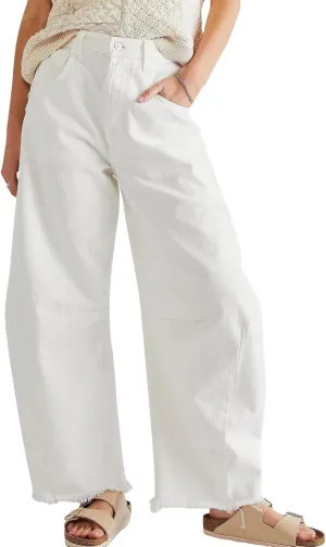ebossy Barrel Jeans for Women Ripped Distressed High Waist Y2K Wide Leg Frayed Hem Denim Pant Harem Trousers