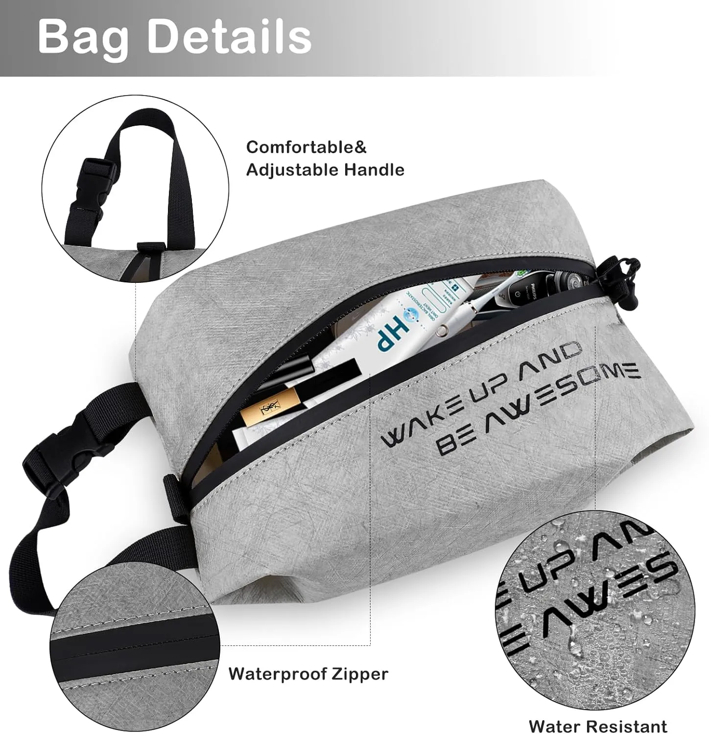 Eco-Friendly Travel Toiletry Bag for Men & Women - Lightweight Waterproof Cosmetic Bag, Small Hygiene Organizer for Toiletries Wet Bag, Perfect for Travel, Gym, or Daily Use (Grey)