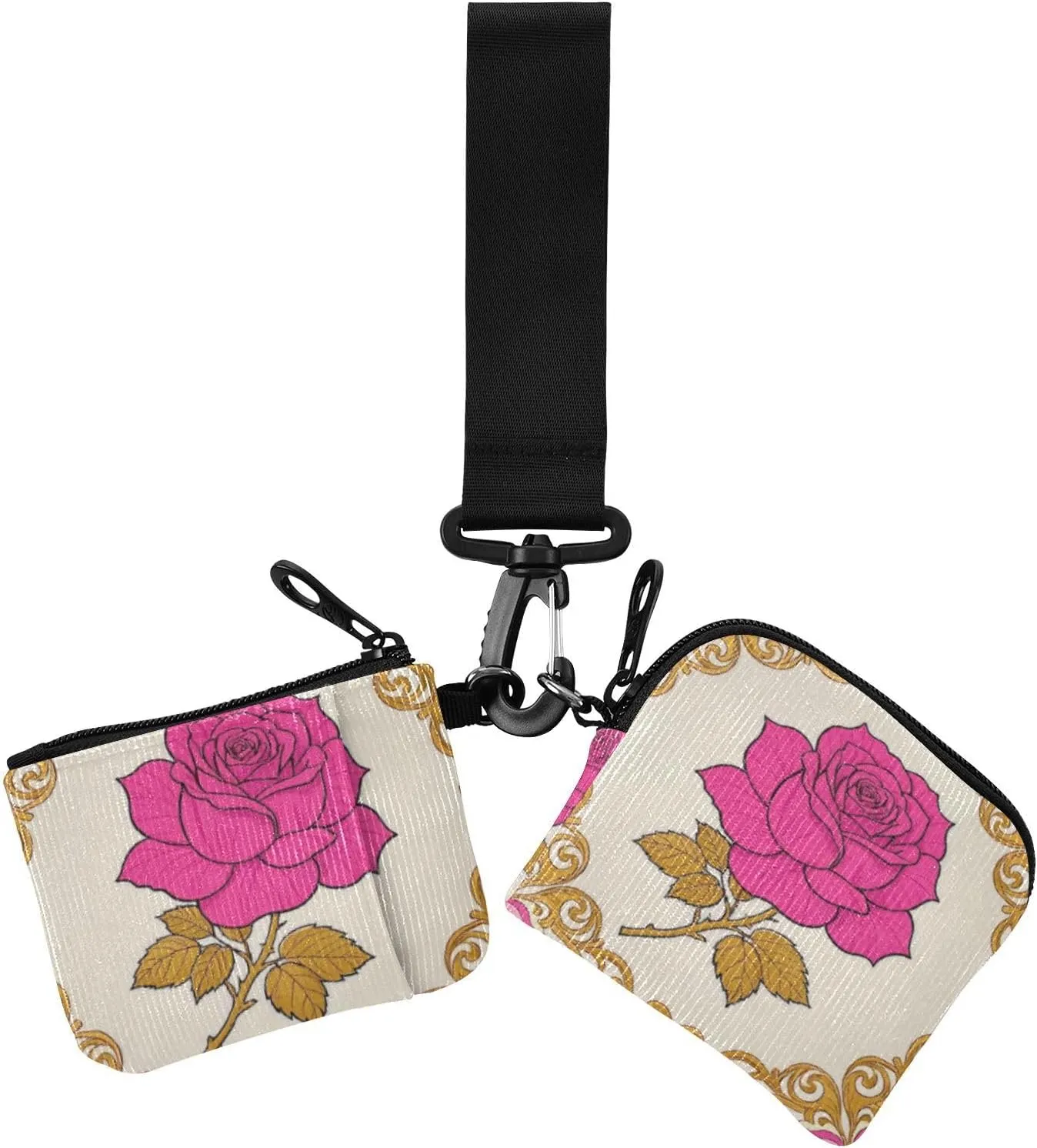Elegant Rose Floral Peach Gold Dual Wristlet Wallets for Women Compact Size Identity Card Protector with Zipper Pocket for Daily Use 2 Pcs