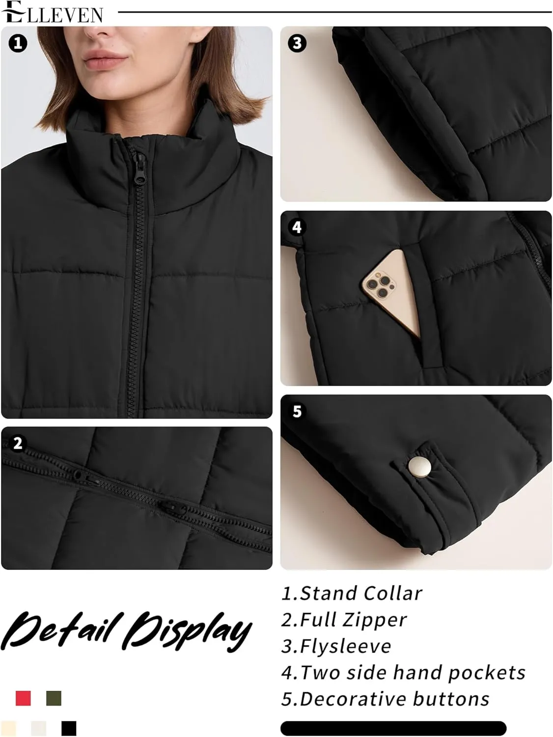 ELLEVEN Women's Oversized Puffer Vest - Quilted Stand Collar Sleeveless Vest with Pockets