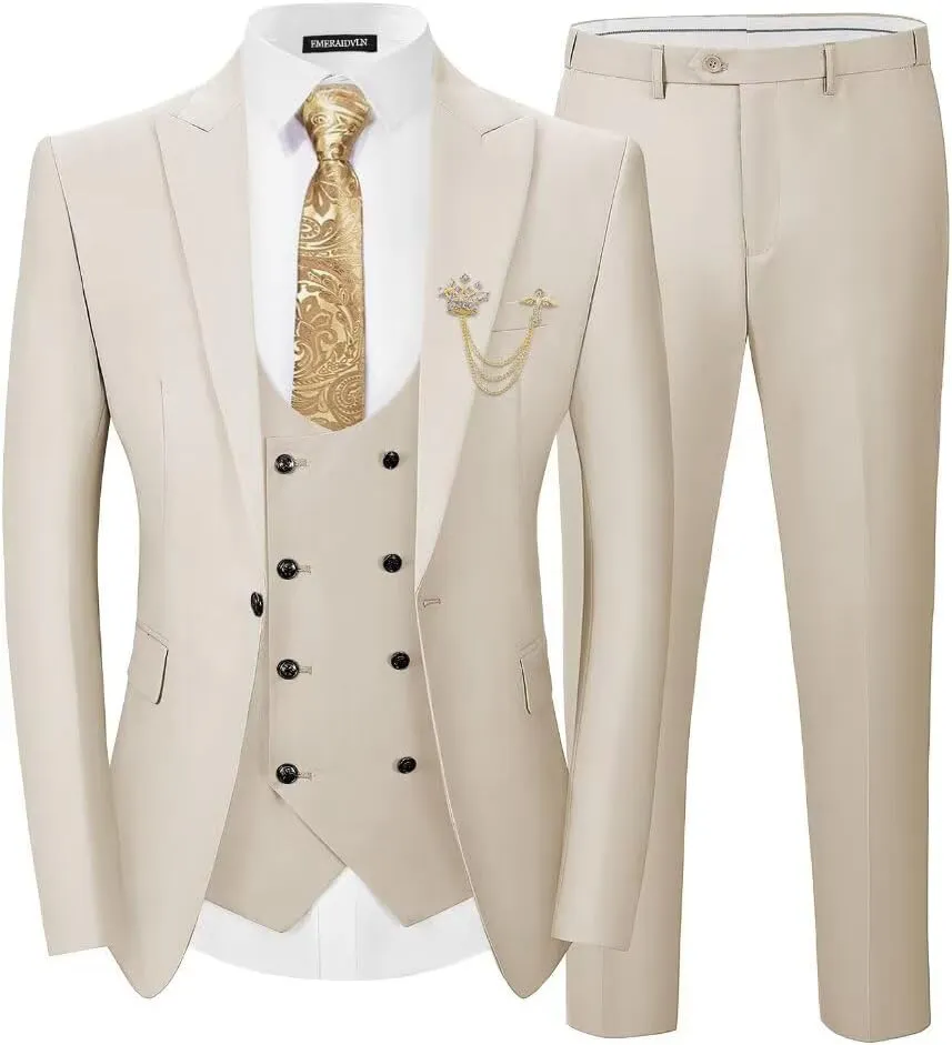 EMERAIDVLN Men's 3 Pieces Suit Slim Fit Elegant Wedding Prom Suits 1 Botton Blazer Double Breasted Vest and Pants Tuxedo Set