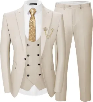EMERAIDVLN Men's 3 Pieces Suit Slim Fit Elegant Wedding Prom Suits 1 Botton Blazer Double Breasted Vest and Pants Tuxedo Set