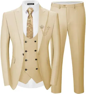 EMERAIDVLN Men's 3 Pieces Suit Slim Fit Elegant Wedding Prom Suits 1 Botton Blazer Double Breasted Vest and Pants Tuxedo Set