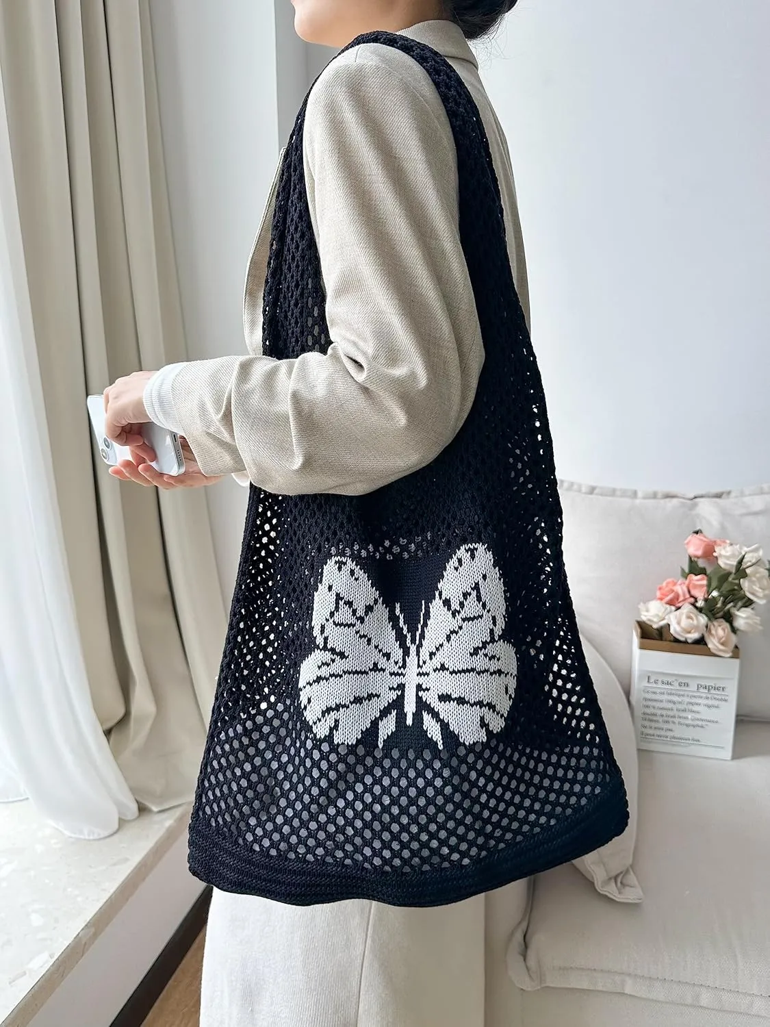 ENBEI Beach Bag Crochet Tote bag for Women,Aesthetic Boho Large Bag,Foldable&Lightweight,Shopping,Beach,Travel,Daily Use