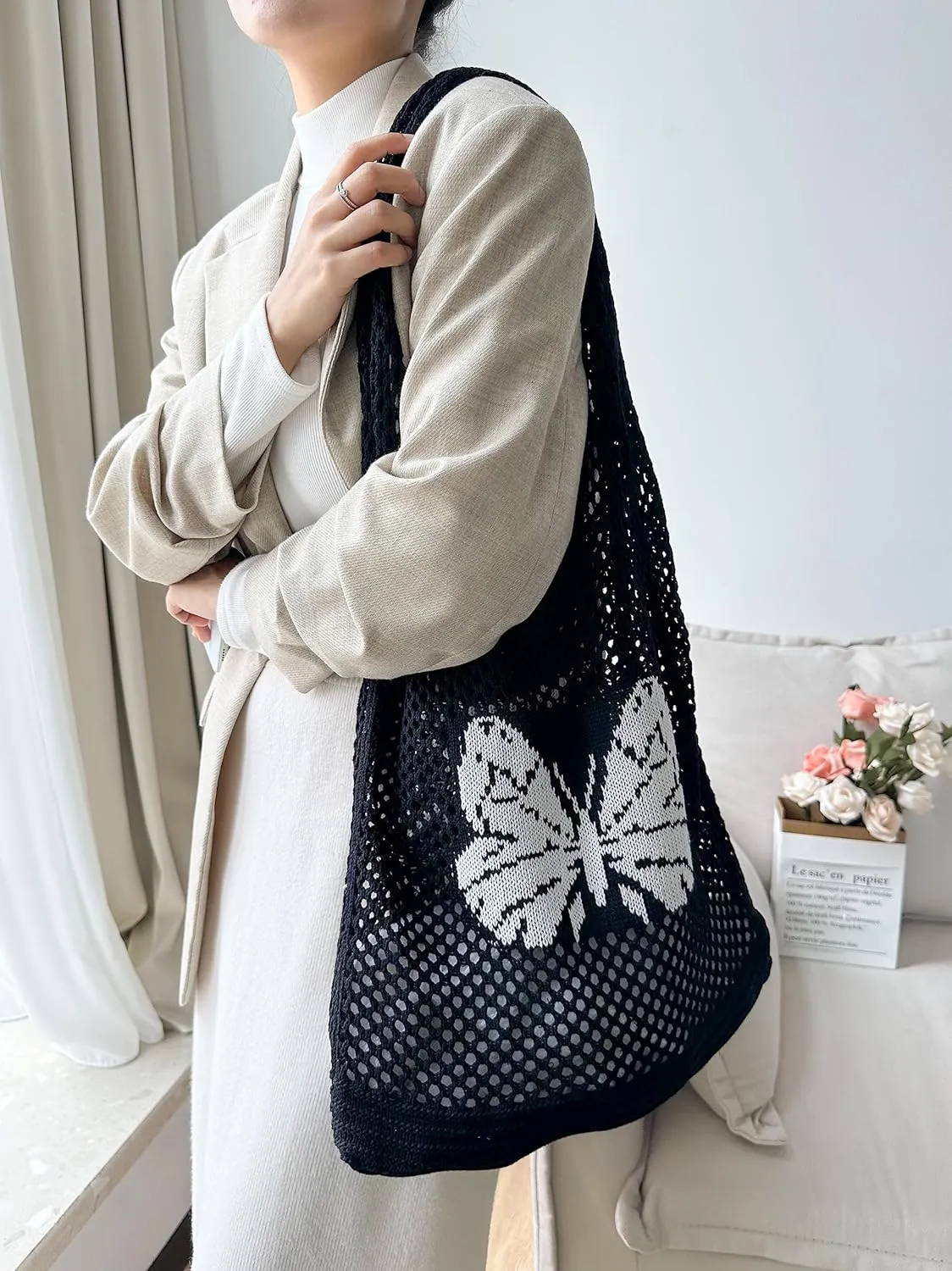ENBEI Beach Bag Crochet Tote bag for Women,Aesthetic Boho Large Bag,Foldable&Lightweight,Shopping,Beach,Travel,Daily Use