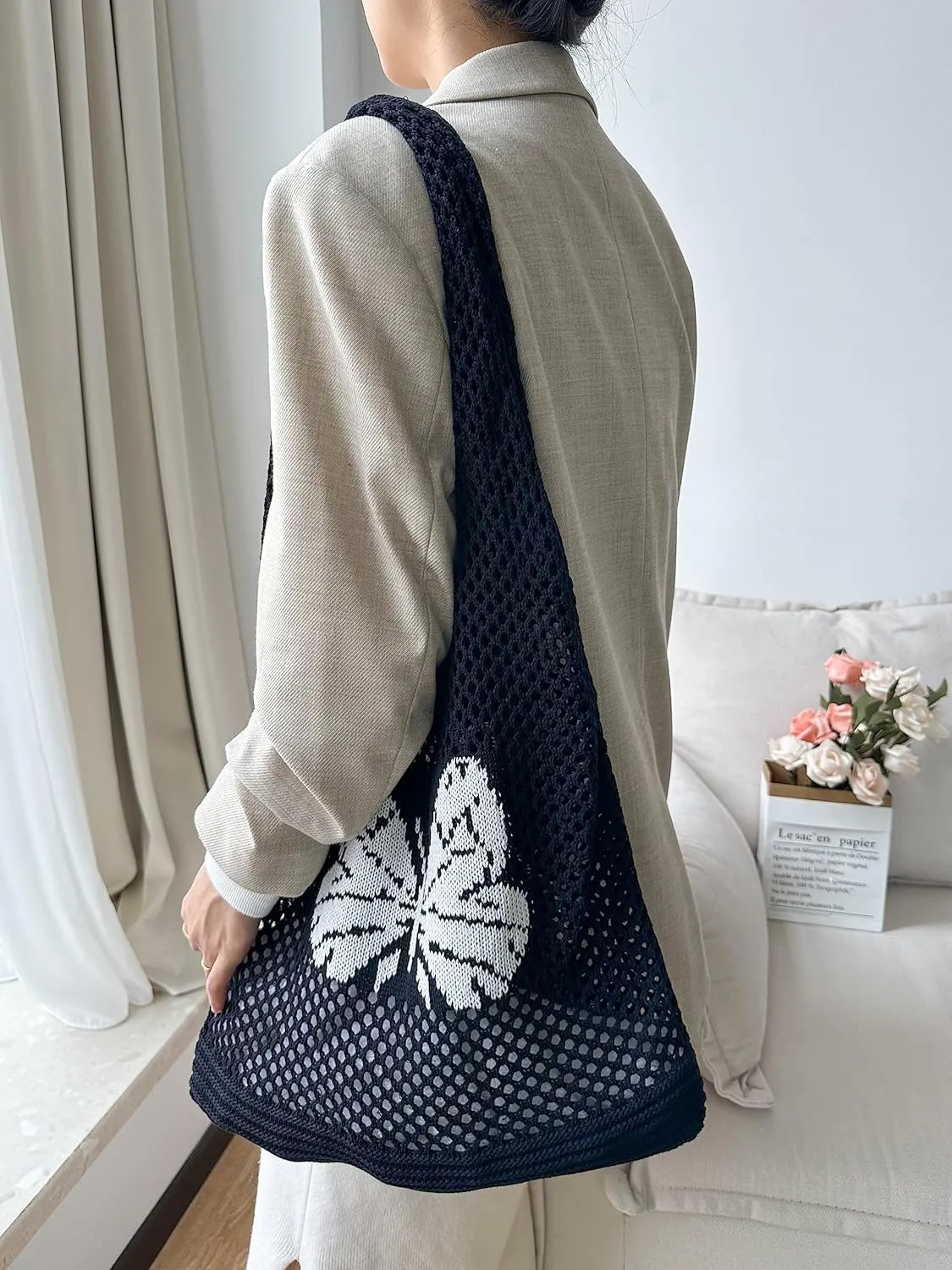 ENBEI Beach Bag Crochet Tote bag for Women,Aesthetic Boho Large Bag,Foldable&Lightweight,Shopping,Beach,Travel,Daily Use