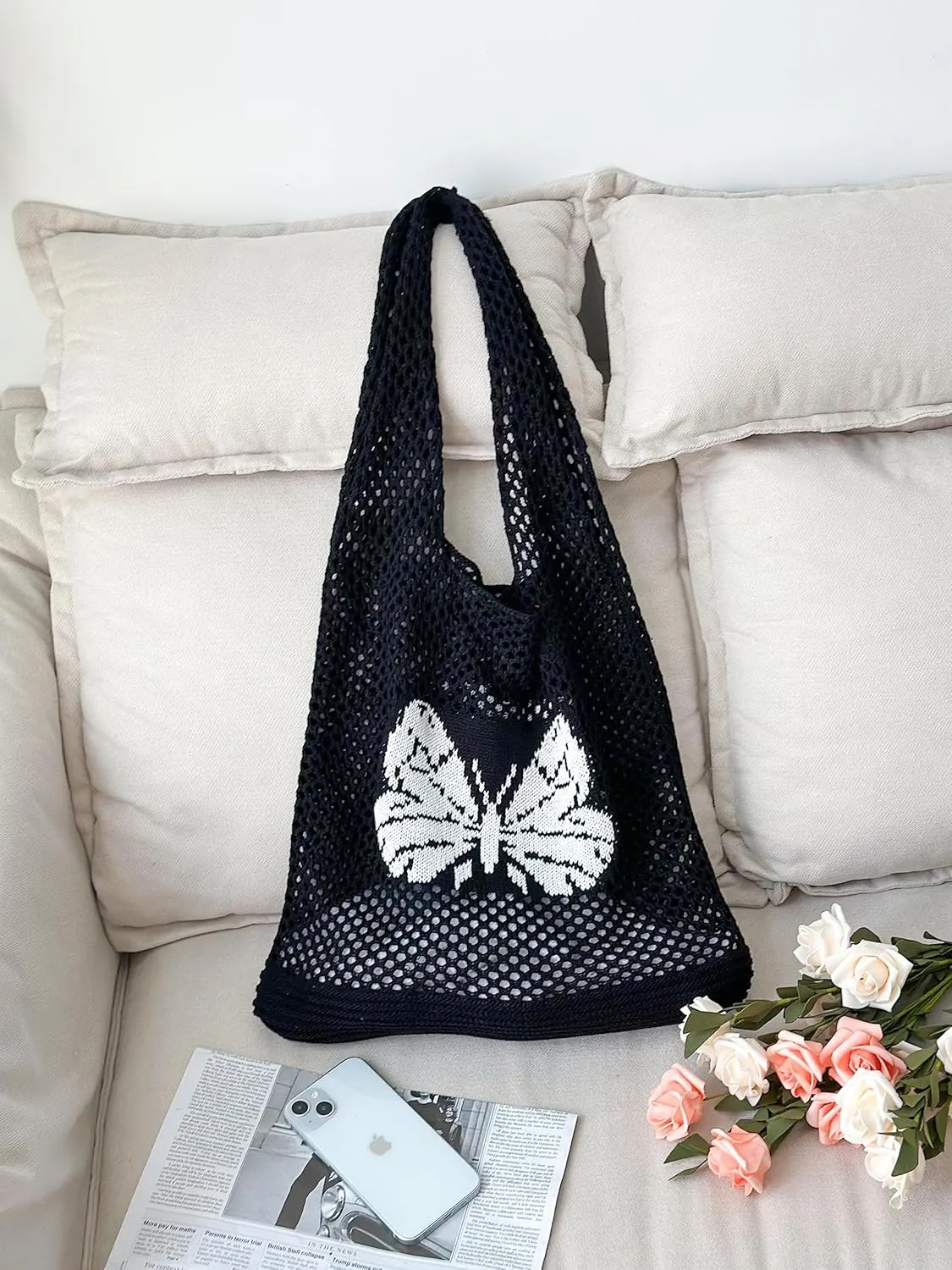 ENBEI Beach Bag Crochet Tote bag for Women,Aesthetic Boho Large Bag,Foldable&Lightweight,Shopping,Beach,Travel,Daily Use