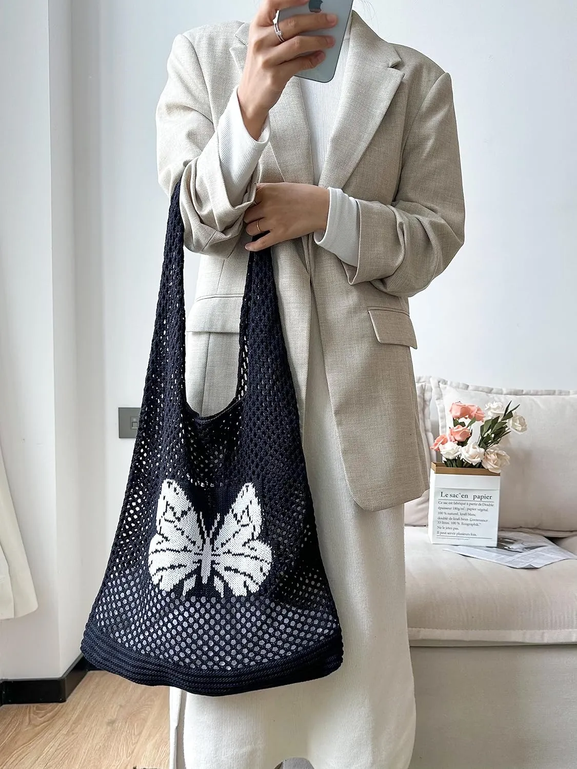 ENBEI Beach Bag Crochet Tote bag for Women,Aesthetic Boho Large Bag,Foldable&Lightweight,Shopping,Beach,Travel,Daily Use