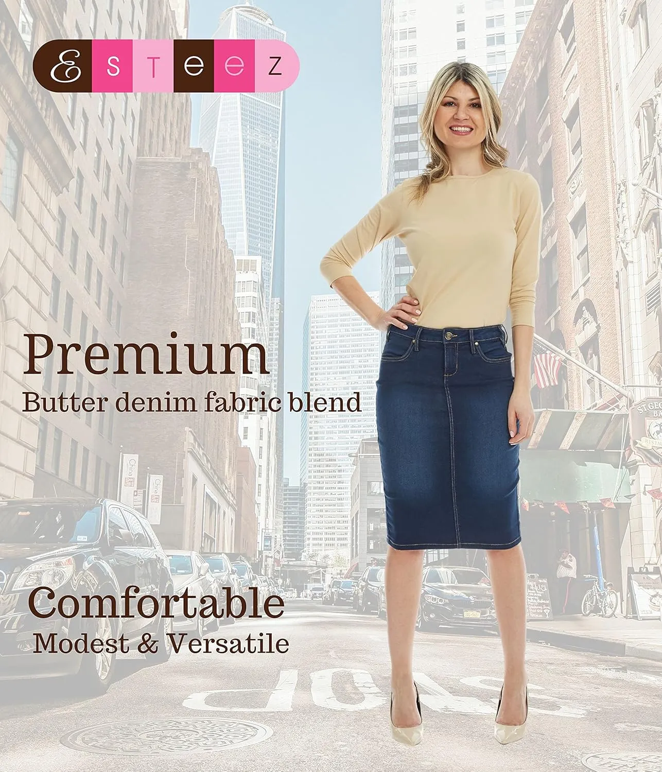 ESTEEZ Women's Slimming Denim Pencil Skirt with Tummy Control Panel  'Miami'