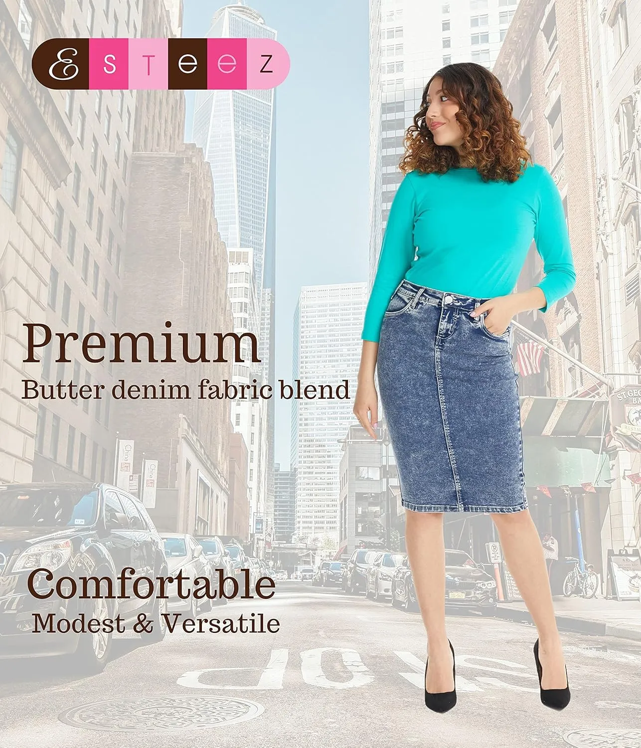 ESTEEZ Women's Slimming Denim Pencil Skirt with Tummy Control Panel  'Miami'