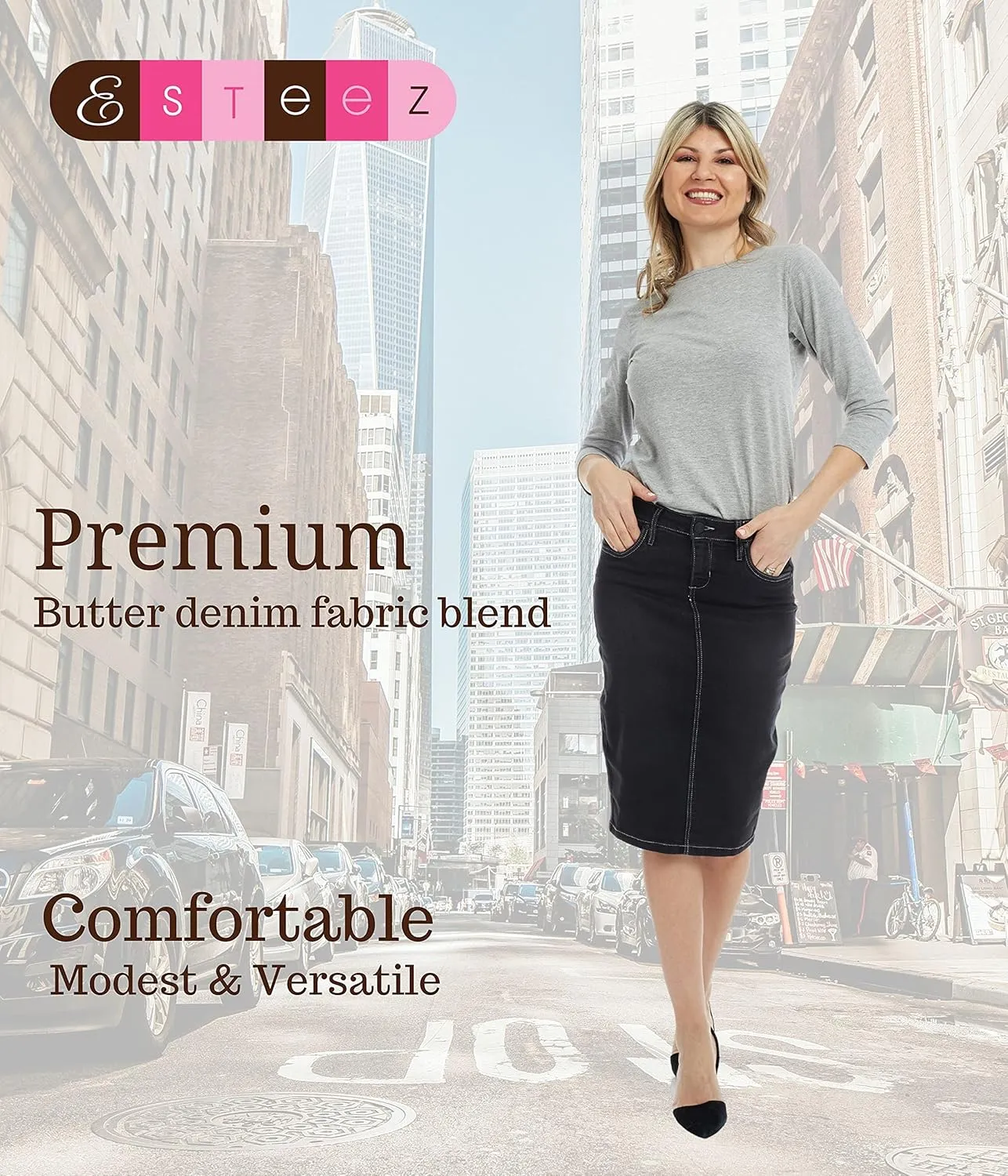ESTEEZ Women's Slimming Denim Pencil Skirt with Tummy Control Panel  'Miami'