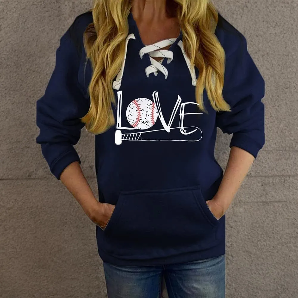 ETATNG Womens Baseball Hoodies Long Sleeve Lace Up Neck Love Print Casual Athletic Pullover Sweatshirts Tops with Pockets