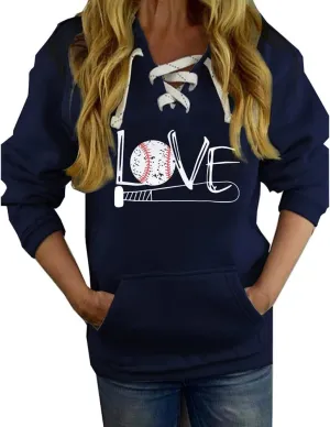 ETATNG Womens Baseball Hoodies Long Sleeve Lace Up Neck Love Print Casual Athletic Pullover Sweatshirts Tops with Pockets