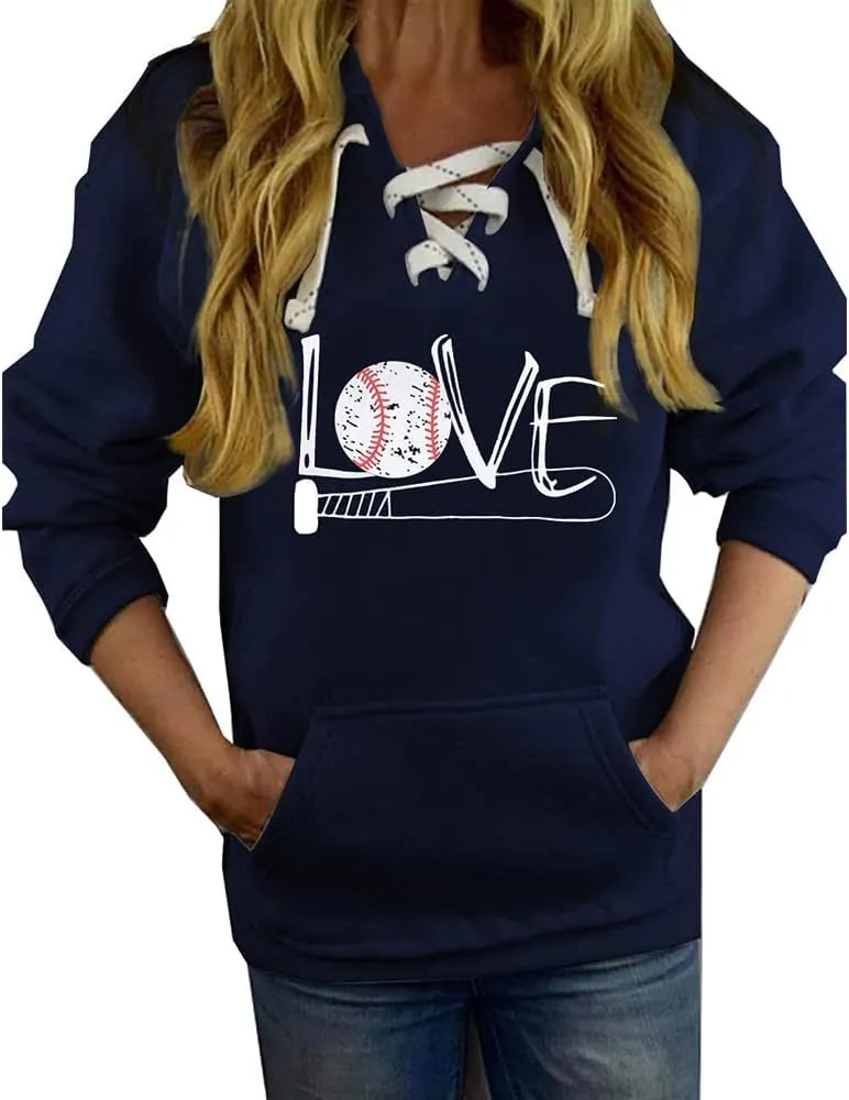ETATNG Womens Baseball Hoodies Long Sleeve Lace Up Neck Love Print Casual Athletic Pullover Sweatshirts Tops with Pockets