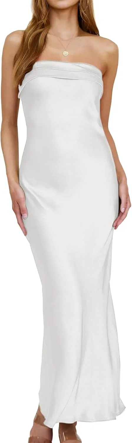 FAHMES Satin Silk White Tube Tops Maxi Dress for Holiday Dresses, Strapless Long Party Dresses Formal Wedding Guest