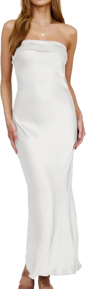 FAHMES Satin Silk White Tube Tops Maxi Dress for Holiday Dresses, Strapless Long Party Dresses Formal Wedding Guest