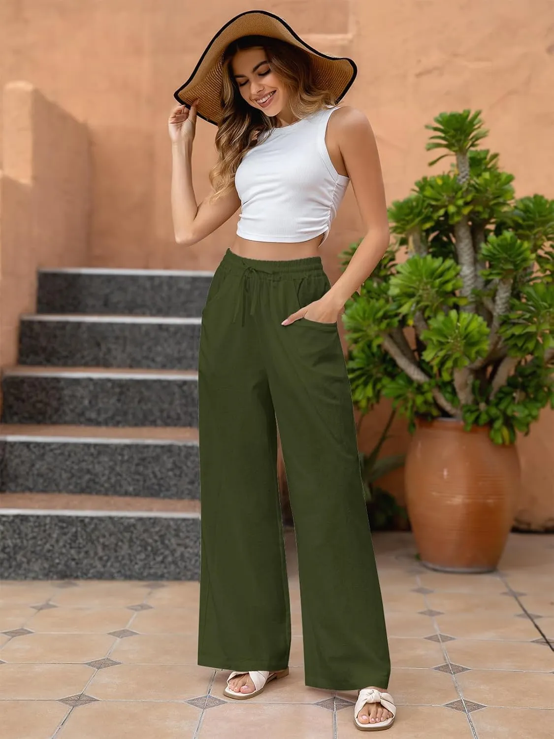 Fancysters Women Wide Leg Linen Pants, High Waisted Summer Casual Cotton Linen Palazzo Pants with Pockets