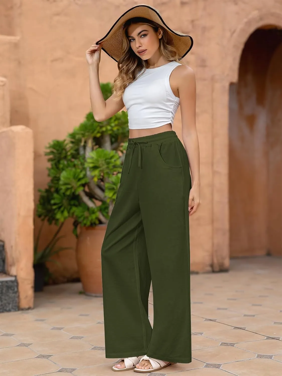 Fancysters Women Wide Leg Linen Pants, High Waisted Summer Casual Cotton Linen Palazzo Pants with Pockets