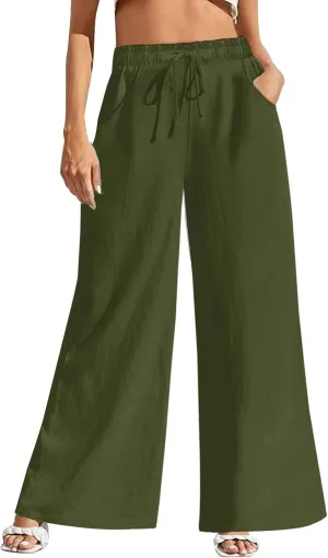 Fancysters Women Wide Leg Linen Pants, High Waisted Summer Casual Cotton Linen Palazzo Pants with Pockets