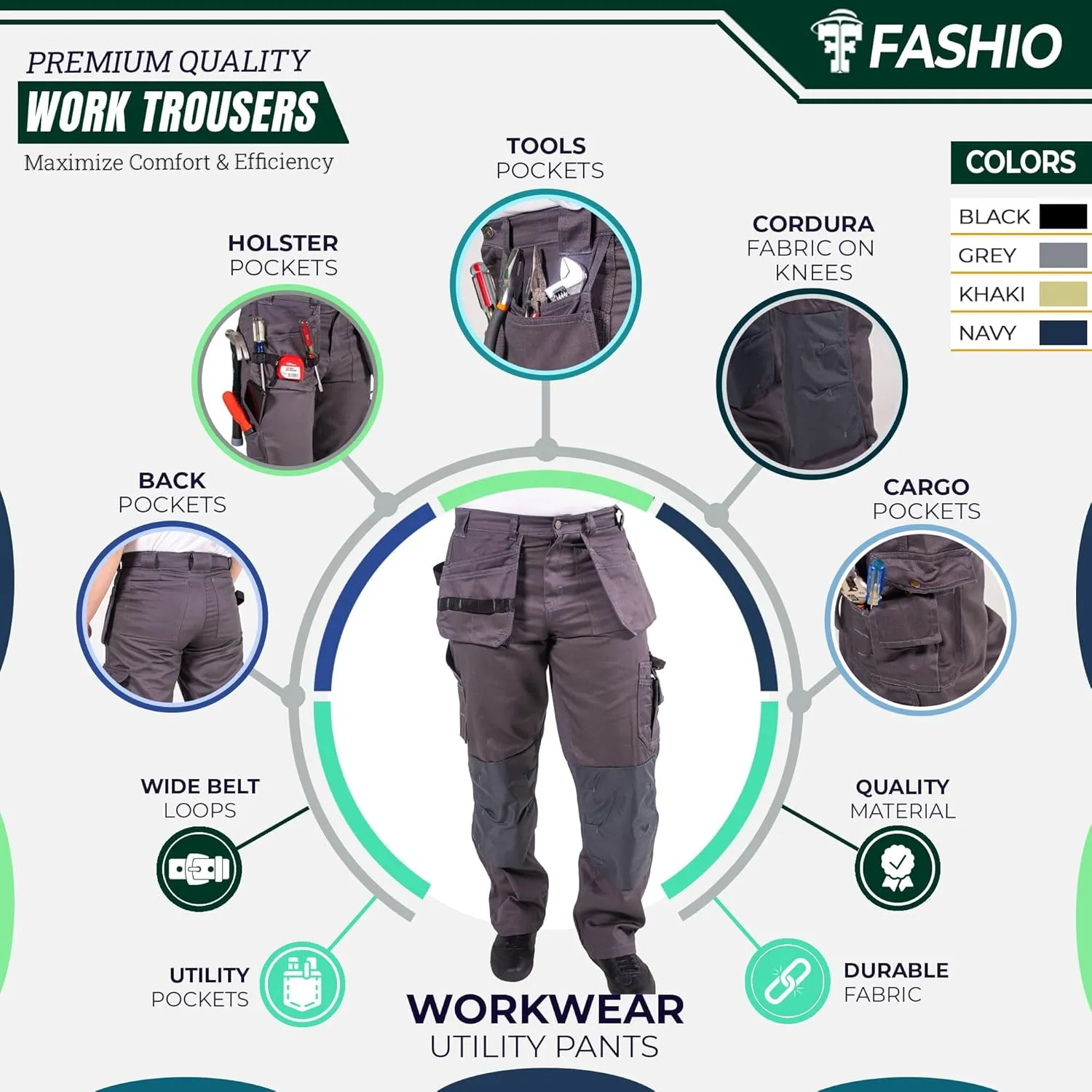 FASHIO FF Men's Work Casual Tactical Trouser with Holster Pockets Cordura Reinforced Pockets Heavy Duty Workwear Pants