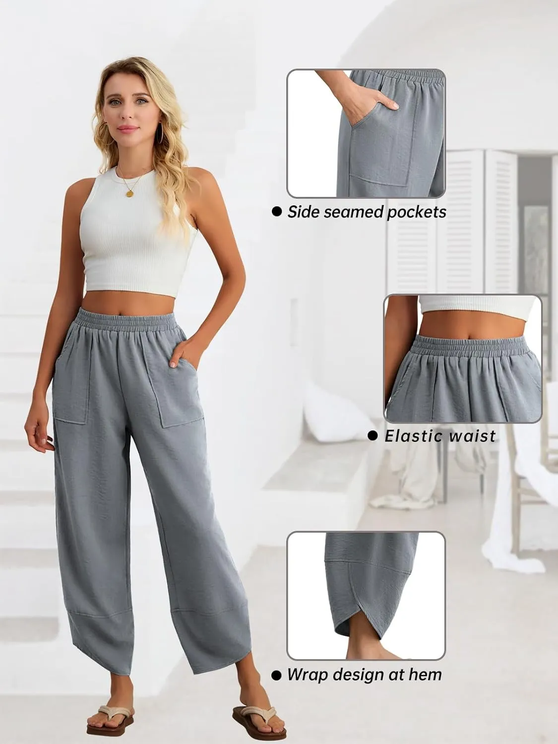 Feiersi Womens Baggy Wide Leg Pants Elastic Waisted Casual Palazzo Harem Pants Summer Beach Trousers