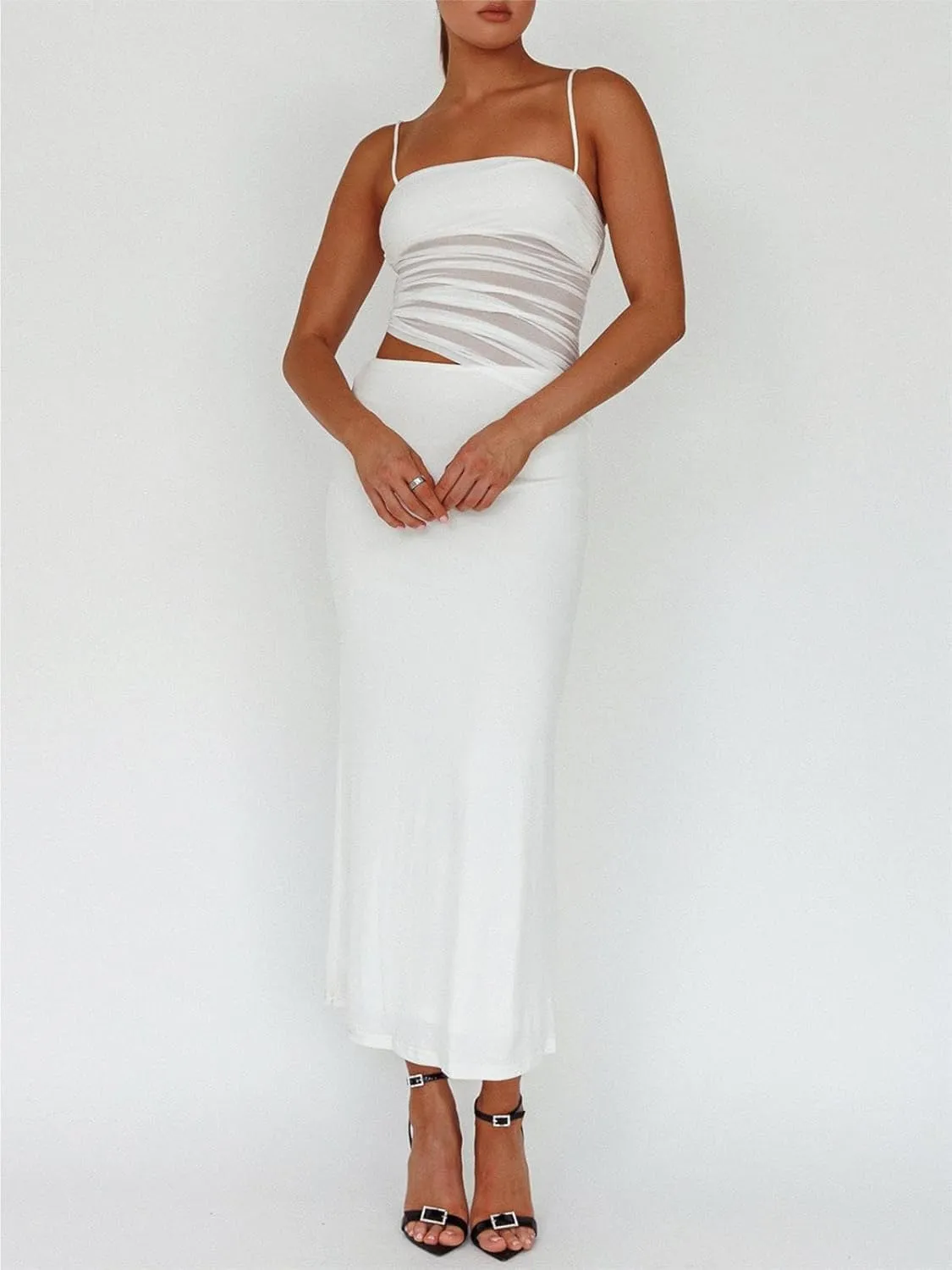 Fisoew Womens 2 Piece Skirt Dress Set Summer Sheer Mesh Ruched Camisole Tops Maxi Skirts Sexy Bodycon Sets