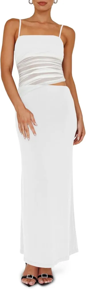 Fisoew Womens 2 Piece Skirt Dress Set Summer Sheer Mesh Ruched Camisole Tops Maxi Skirts Sexy Bodycon Sets