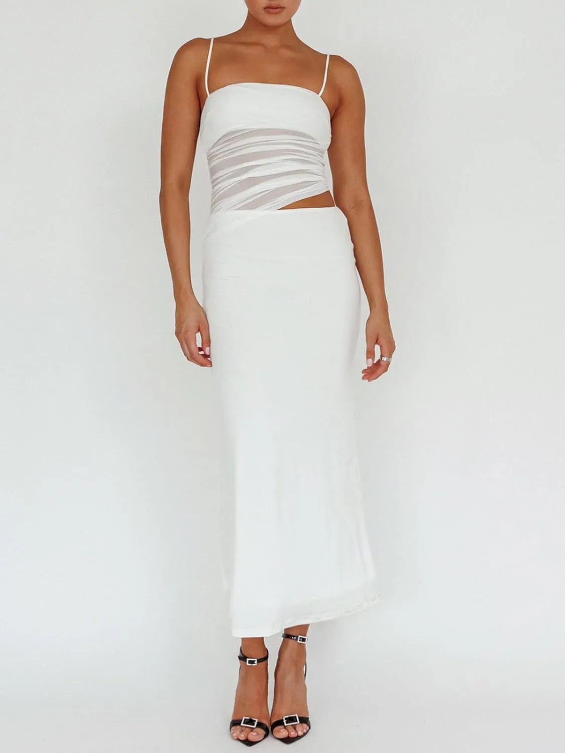 Fisoew Womens 2 Piece Skirt Dress Set Summer Sheer Mesh Ruched Camisole Tops Maxi Skirts Sexy Bodycon Sets