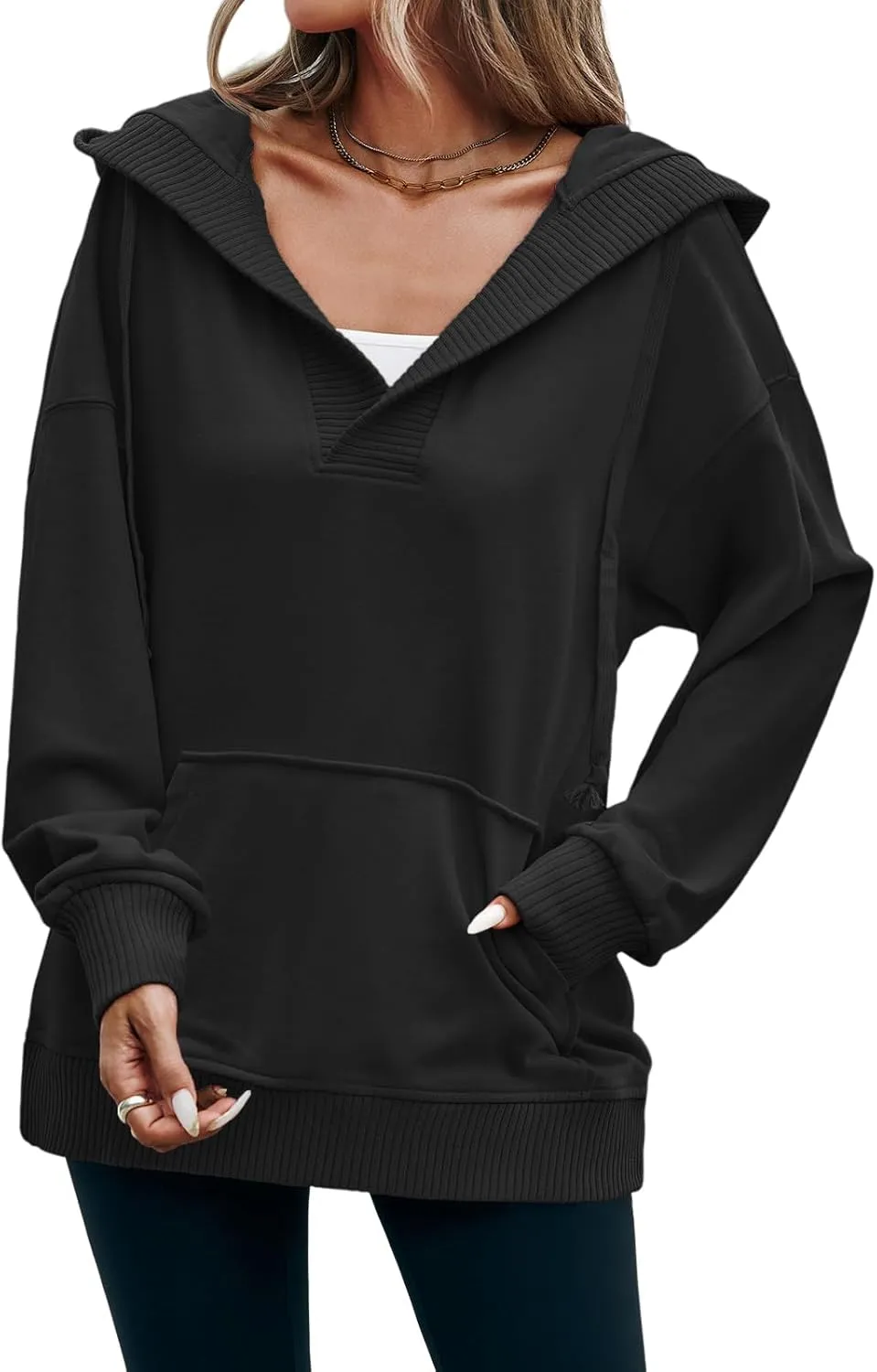 Fisoew Womens Casual Oversized Hoodies V Neck Long Sleeve Loose Pullovers Hooded Sweatshirts Tops Active Hoodie Black