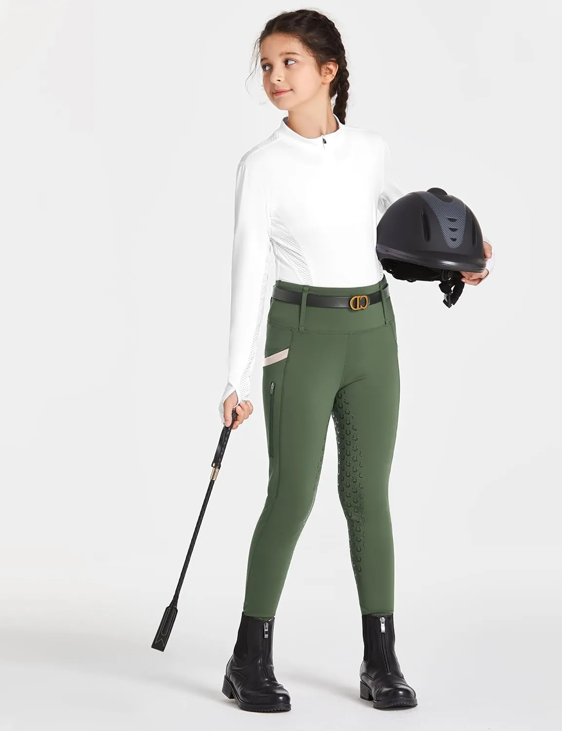 FitsT4 Sports Girls Riding Pants Full Seat High Waist Kids Equestrian Breeches Horse Schooling Tights Zipper Pockets