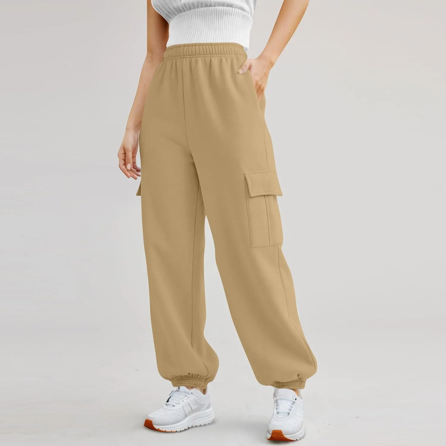 Fleece Cargo Sweatpants Women Fall Elastic High Waist Joggers Straight Leg Cinch Bottom Pants Jogger Pants with Pocket