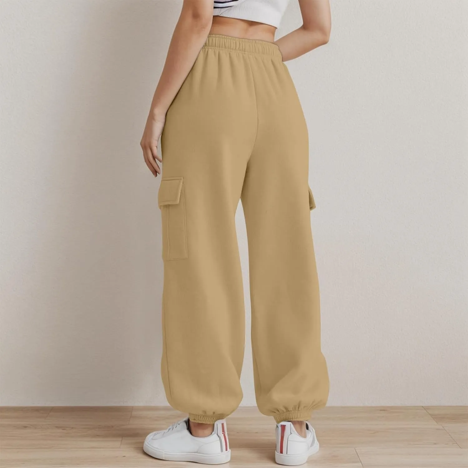 Fleece Cargo Sweatpants Women Fall Elastic High Waist Joggers Straight Leg Cinch Bottom Pants Jogger Pants with Pocket