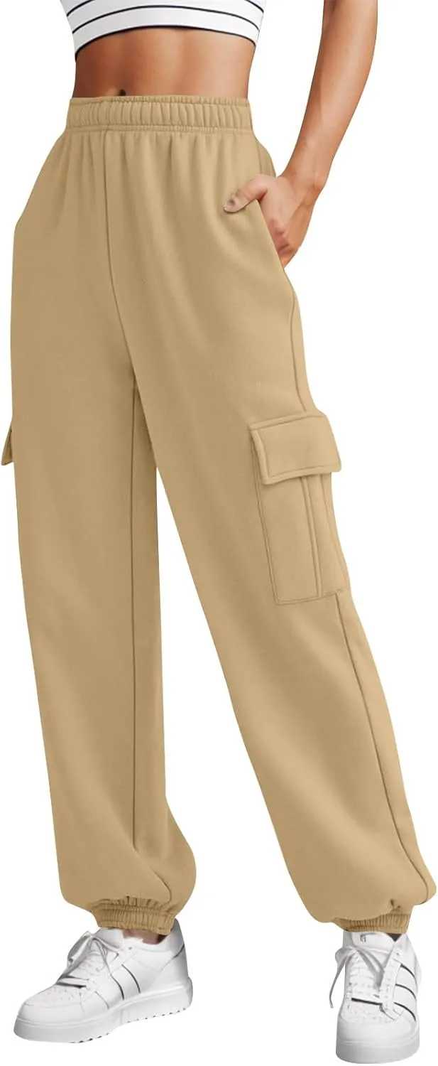Fleece Cargo Sweatpants Women Fall Elastic High Waist Joggers Straight Leg Cinch Bottom Pants Jogger Pants with Pocket